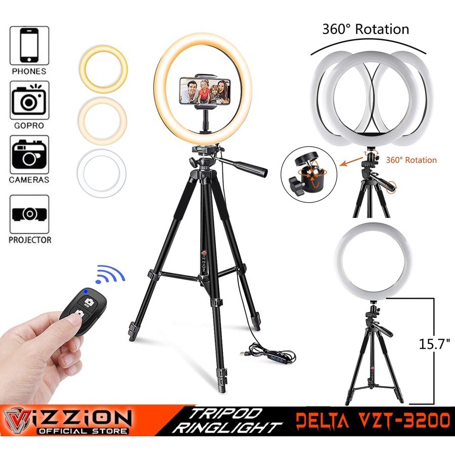 TRIPOD Camera SLR Ring Light Mic Remote Vizzion Delta VZT-3200