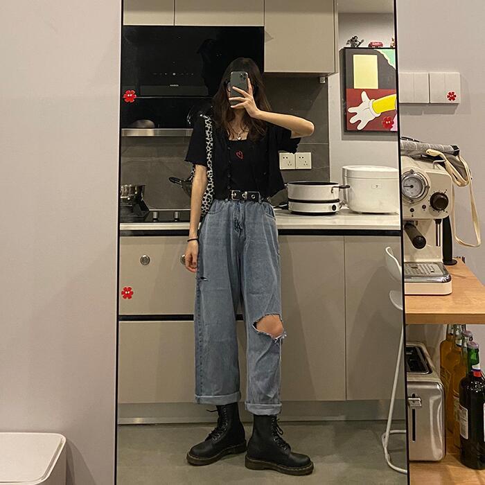 New biru boyfriend kekinian korean style high waist murah celana jeans panjang wanita(Ukuran Jumbo)