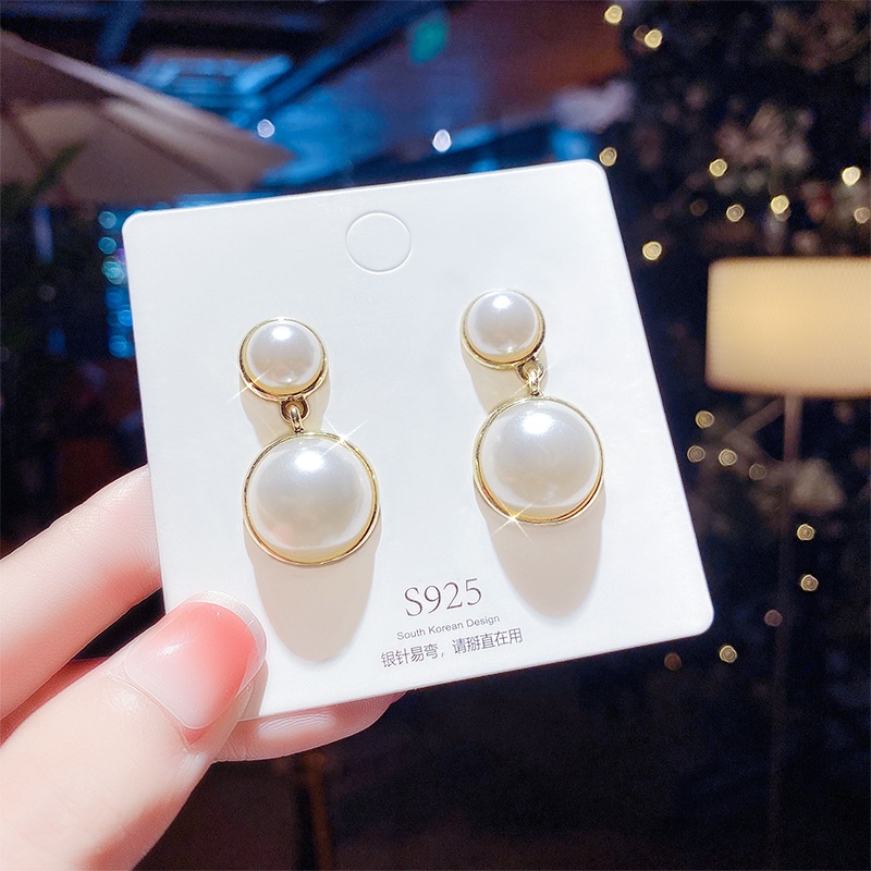 Anting Tusuk Gantung Bahan Sterling Silver 925 Desain Geometri + Mutiara Gaya Retro Untuk Wanita