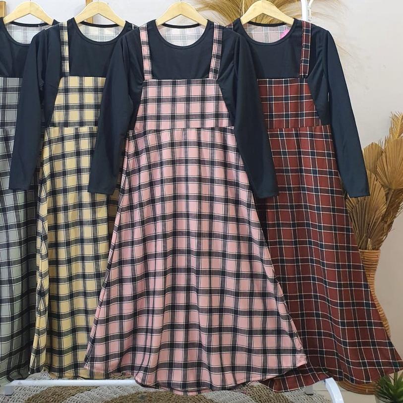 Westylis Gamis Anak Perempuan Model Overall Printing Kotak Tebal ( 6-12tahun ) Gamis Anak Cantik Ter