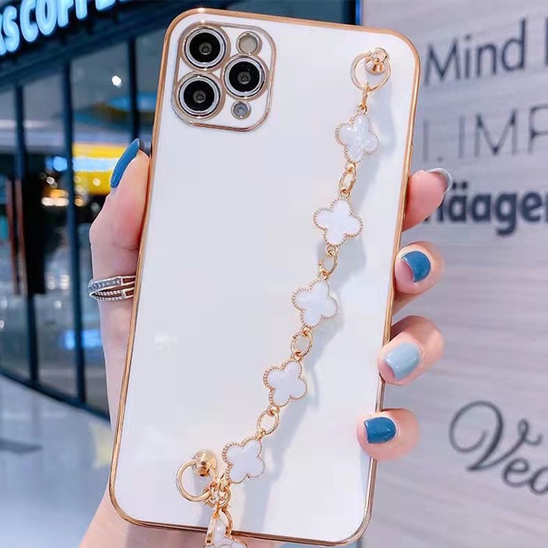 Soft Case Bahan Akrilik Motif Daun Clover Dengan Tali Pergelangan Tangan Untuk Iphone 11 Pro Max Xs Xr Max 6 6s 7 Plus 8 Plus