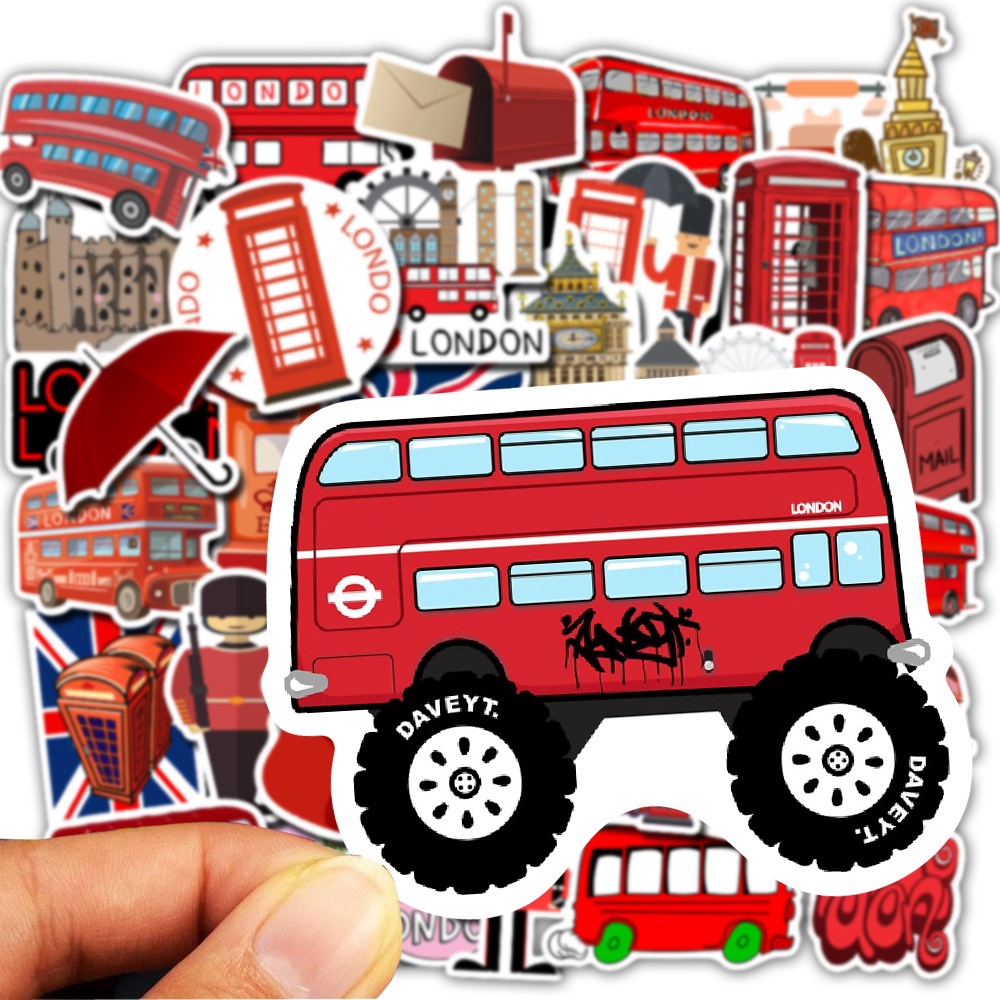 50 Pcs Stiker Desain Bus London Warna Merah Tahan Air Untuk Dekorasi Skateboard Laptop