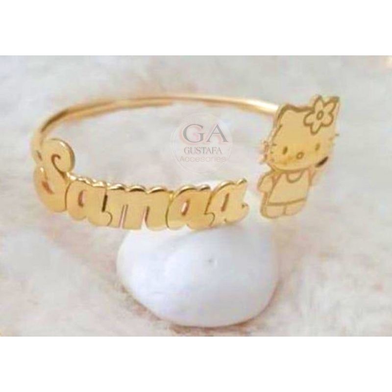 GELANG KOLOM TITANIUM LAPIS EMAS 24k CUSTOM UKIR NAMA HELLO KITTY ANAK BAYI WANITA PEREMPUAN