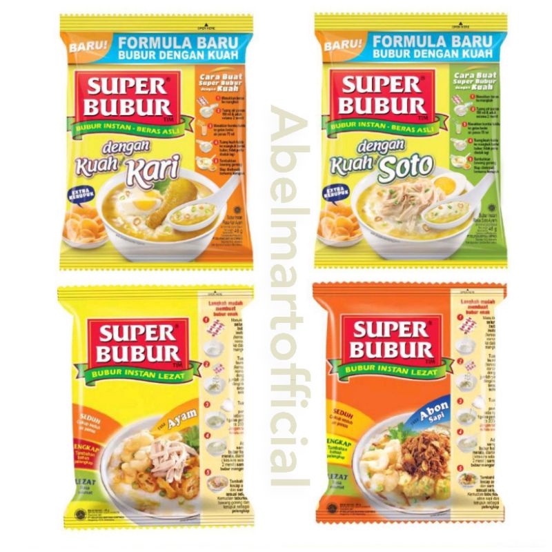 

SUPER BUBUR INSTAN SINGLE / SUPER BUBUR INSTAN KEMASAN SATUAN / SUPER BUBUR RASA AYAM / SUPER BUBUR ABON SAPI / SUPER BUBUR KUAH SOTO / SUPER BUBUR KUAH KARI / BUBUR INSTAN / BUBUR AYAM / BUBUR AYAM KEMASAN / BUBUR ENAK