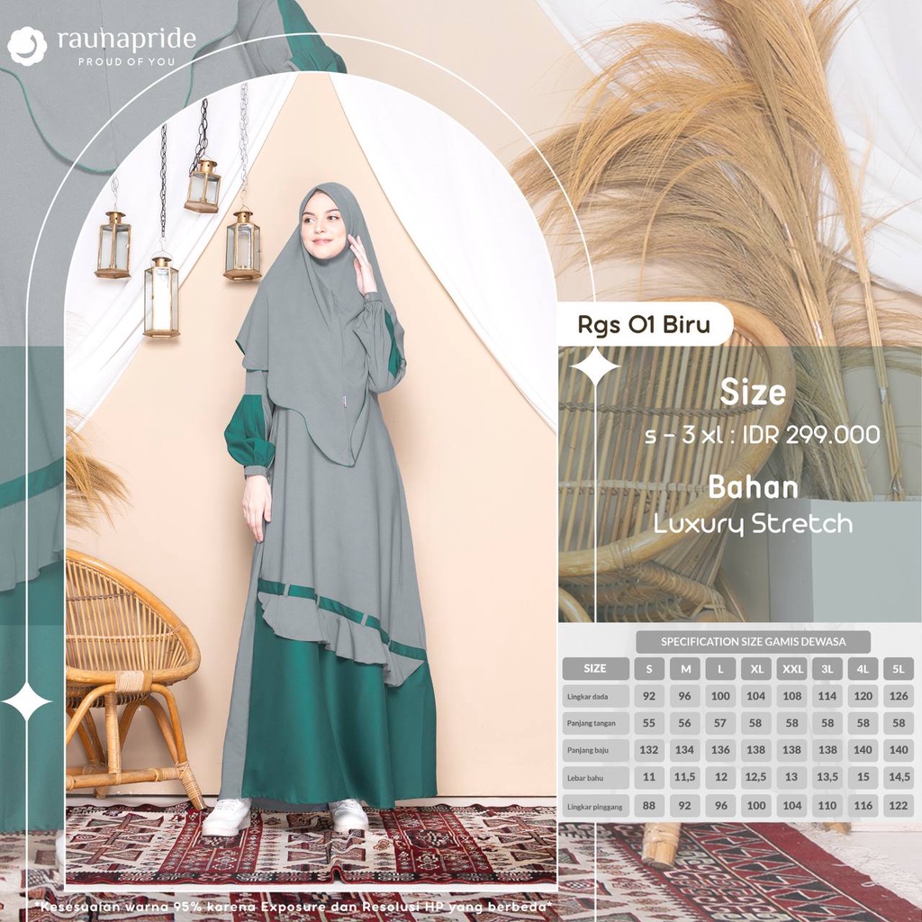 Rauna Gamis Syari Set RGS 01 Abu - Olive - Biru / Maxy / Dress / Fashion Muslim