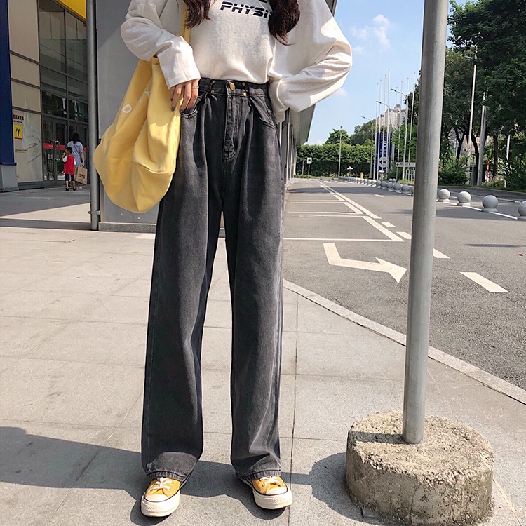 Kancing wanita Salju hitam dan abu-abu baru Korea Selatan jeans longgar berkaki lebar