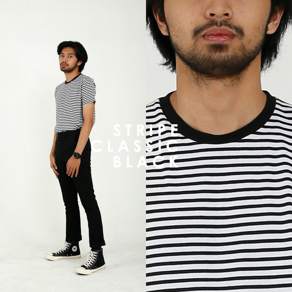 Kaos Stripe Pria Classic Black Cotton Combed 30s - Kaos Garis Garis Unisex Pria Wanita