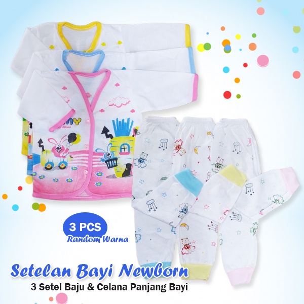 3 Pcs Setelan Baju dan Celana Panjang Bayi Newborn Motif Karakter Lucu