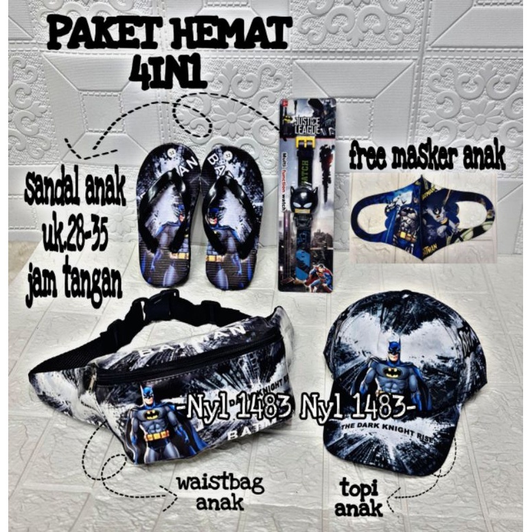 Real pict | Paket hemat 4in1 tas waistbag anak karakter superhero / free topi/ sandal/ jam tanga / masker