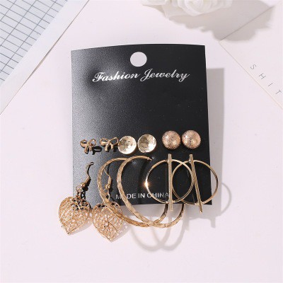 Anting Set Korea 6 Pasang Anting Tusuk Model Daun Geometri Hook dan Mutiara untuk Wanita