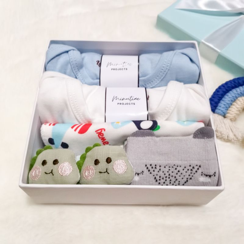 Minutiae Projects | MINI | Hampers Bayi | Kado Lahiran | Hampers Baby Boy & Girl | Newborn Baby Gift Set-White Blue - Dino B