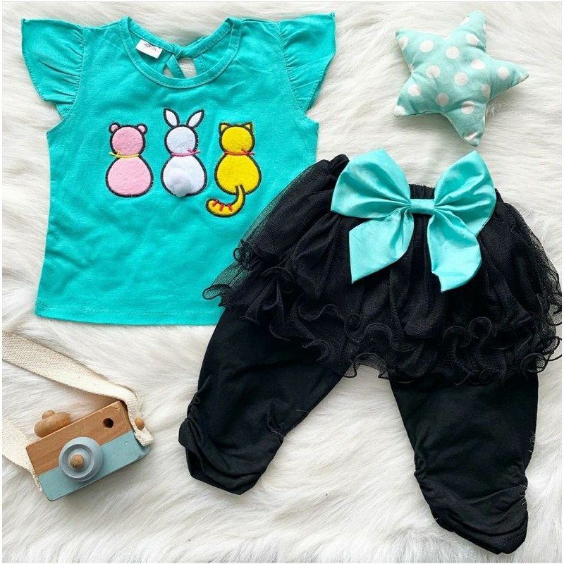 Baju setelan kaos gambar polar bear rok tutu legging fashion anak bayi