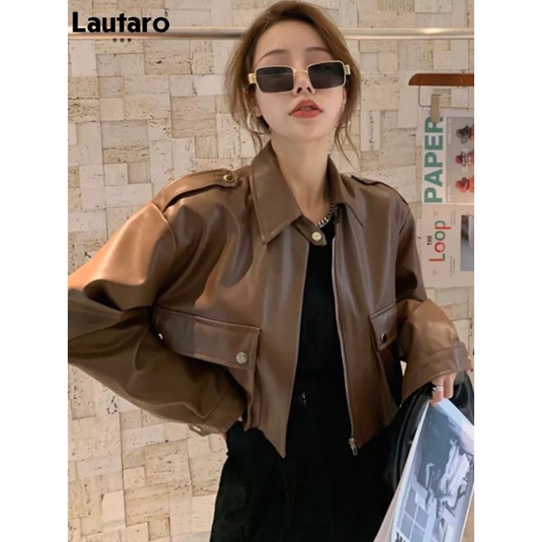 jaket kulit imitasi casual pendek resleting kantung lengan panjang crop top