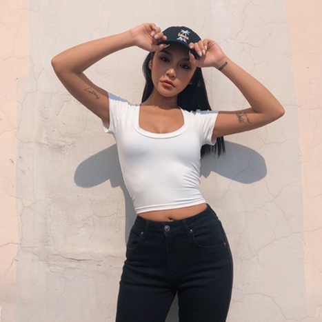 【LIVIAHOME】Summer  Fashion High Waist O-neck Crop Top Soft T-shirt 7463