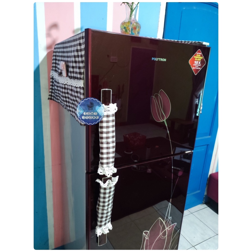 Paket Hemat TAPLAK KULKAS dan SARUNG PEGANGAN PINTU KULKAS Estetik Motif Kotak-kotak Gingham Ala Korea Bahan Katun