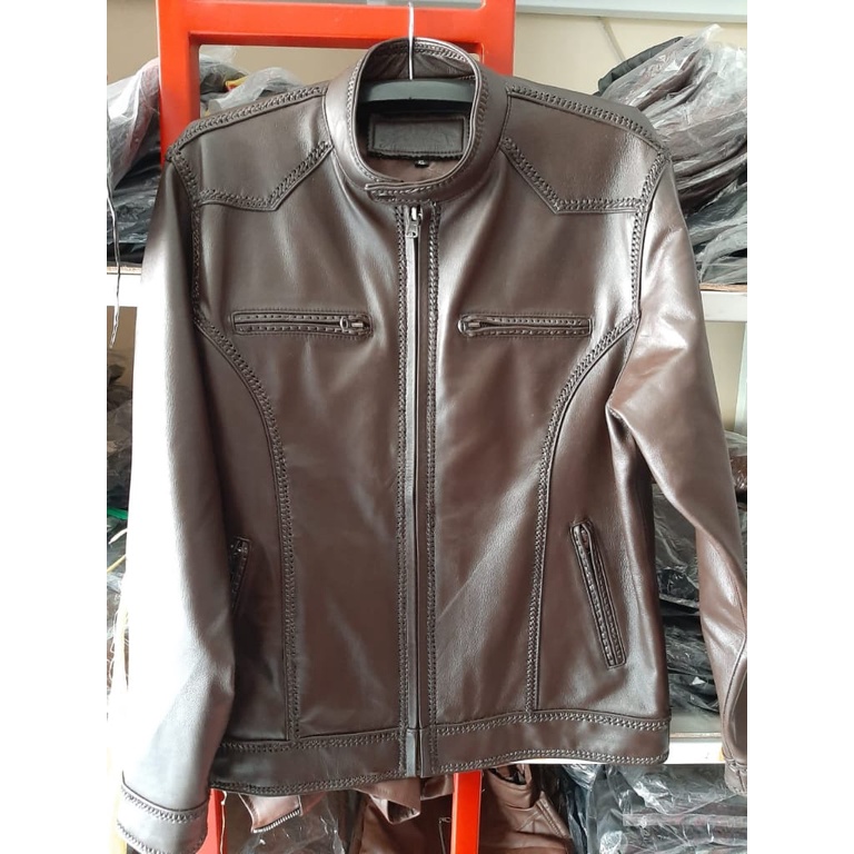 Jual Jaket Pria Kulit Asli Model Sulam Elastis Lentur Hand Made Warna Coklat Bergaransi Asli