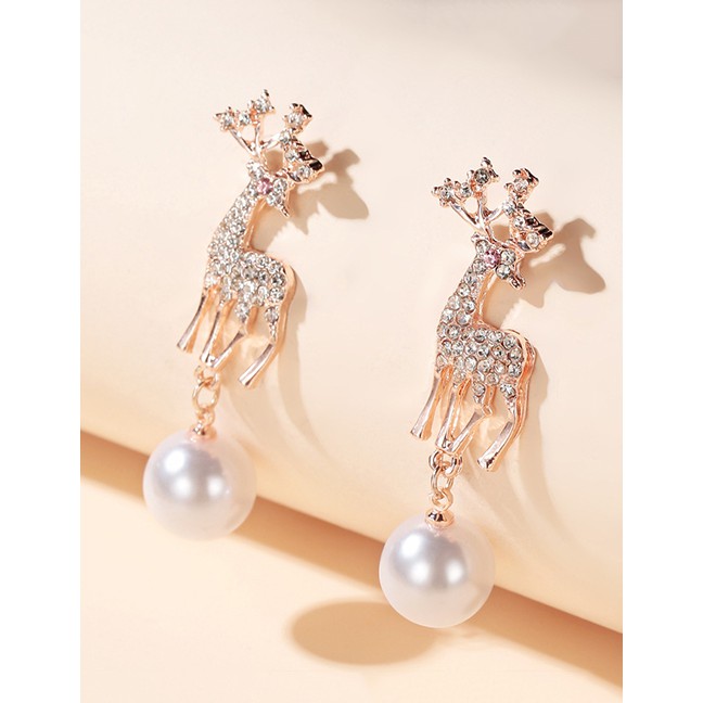 LRC Anting Tusuk Fashion Asymmetrical Star Moon Elk Bow Pearl Earrings K44572