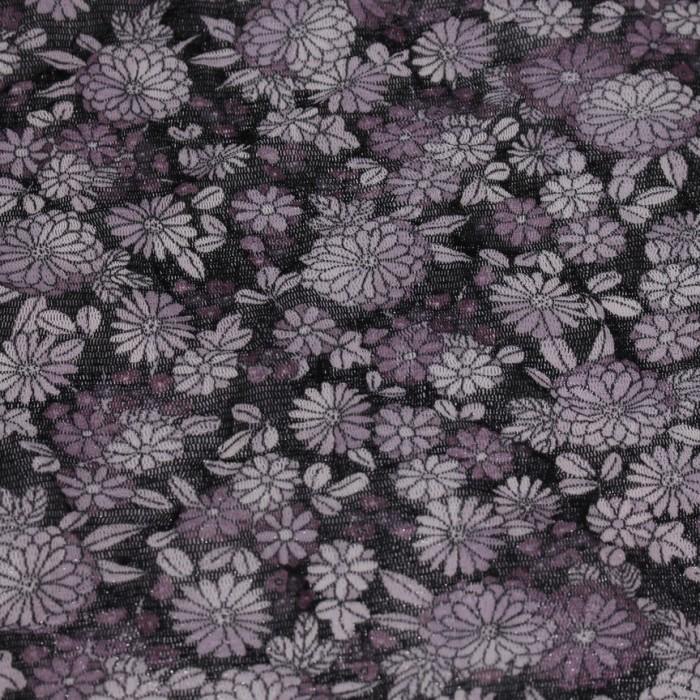 Kain | Strech Tule Hitam Bunga Ungu Putih Motif Cineraria (Alta Moda)