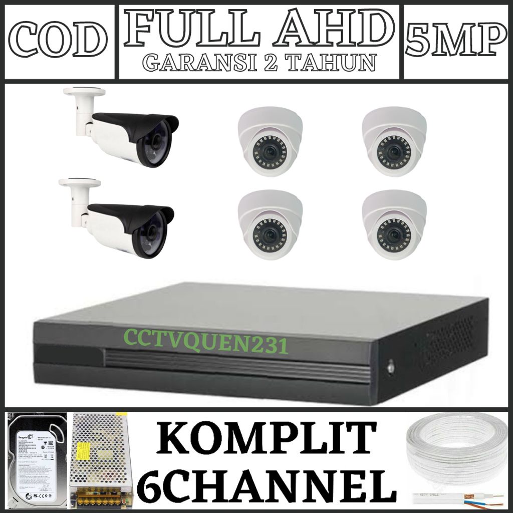 PAKET CCTV 8 CHANNEL 6 KAMERA FULL AHD 5 MP 1080P IR SONY KOMPLIT SIAP PASANG