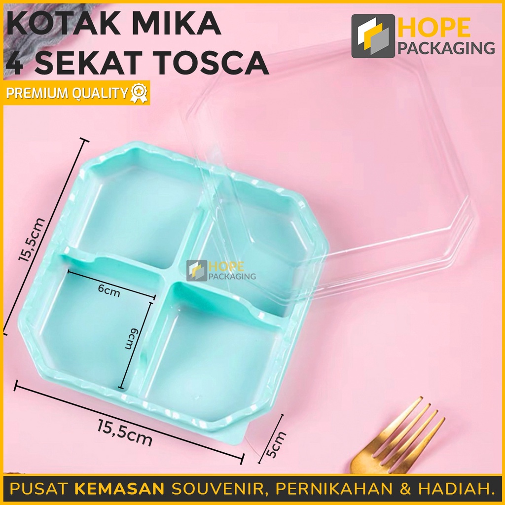 [ 5 pcs ] Tempat Makan Kue  Kotak Mika 4 Sekat TOSKA + Tutup / Bento Lunch Box