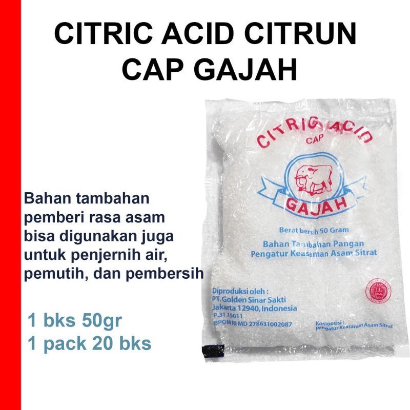 

CITRIC ACID CITRUN CAP GAJAH 50 GRAM / ASAM SITRAT / PEMUTIH / PEMBERSIH