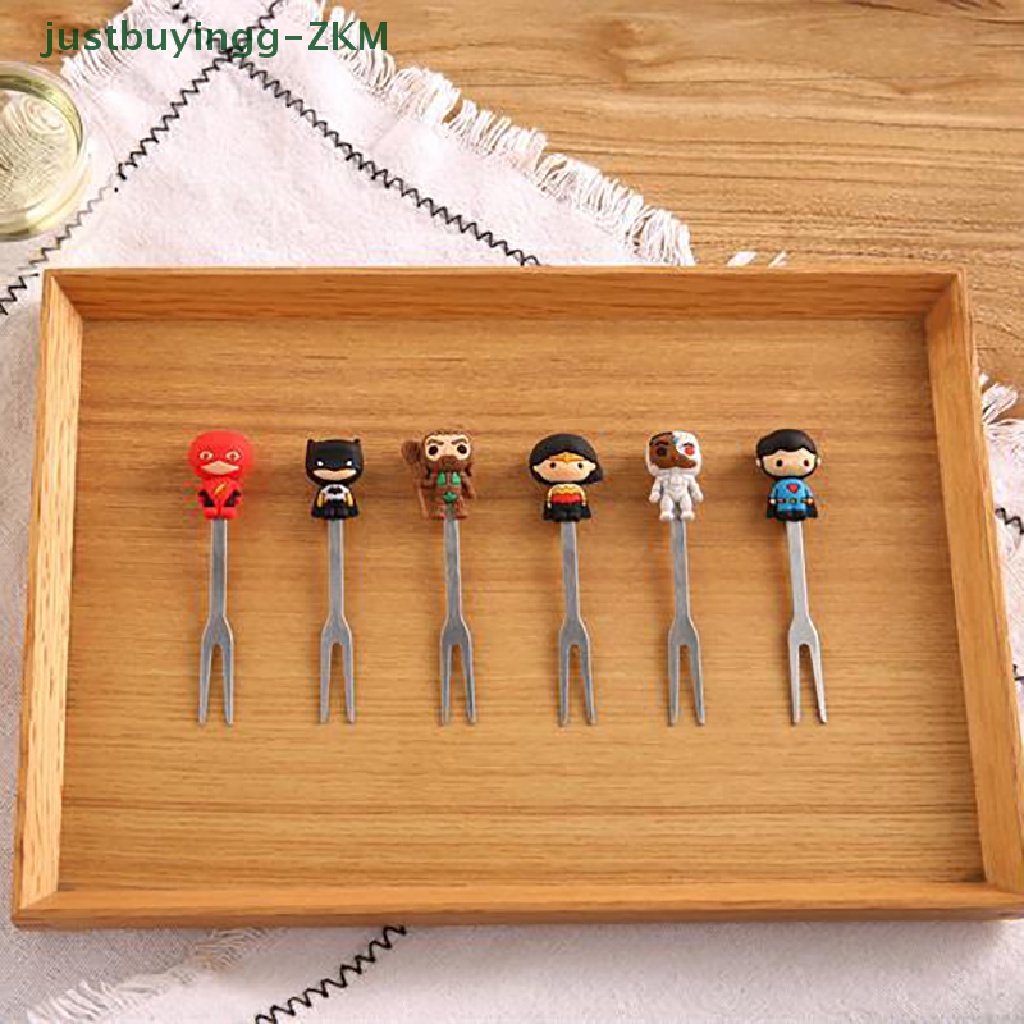 6 Pcs / Set Garpu Buah / Dessert Bahan Stainless Steel Desain Kartun Hero Dengan Holder