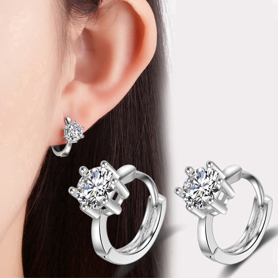 Anting Stud 925 Silver Bentuk Bulat Aksen Berlian Imitasi Untuk Wanita