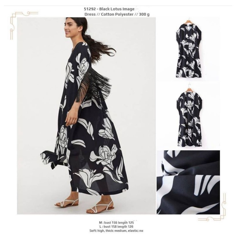 Dress panjang jumbo hitam motif bunga lengan pendek rumbai