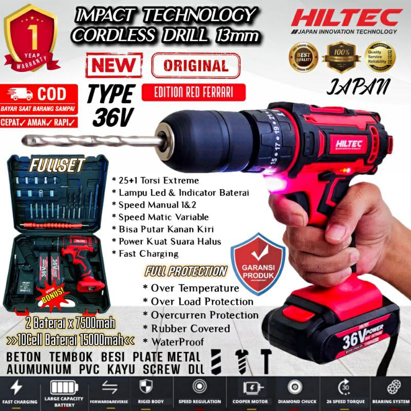 Mesin bor cordless hiltec 48v brushless baterai 48 volt fullset aksesoris besi kayu beton tembok