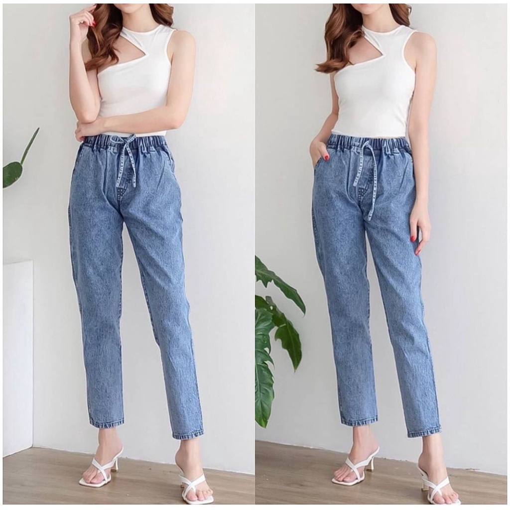 HOPYLOVY Celana Boyfriend Jeans Wanita Pinggang Karet BF Snow Eva