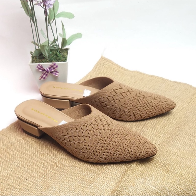 Kayzineva Sepatu Wanita Slip On Mules Rajut Import Hak 3cm