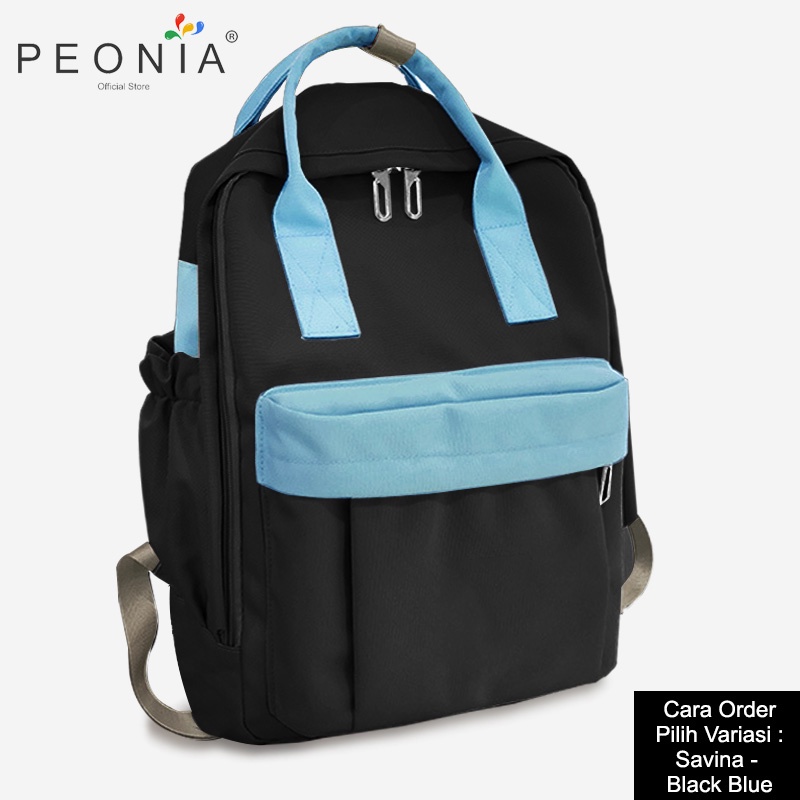 Peonia PNA SAVINA Ransel Korea Tas Wanita Laptop Punggung Import Kantor Kerja Sekolah Kuliah Outdoor Trendy Fashion Style Travel Casual Backpack Anak Remaja Perempuan Selempang Cewek Bag-Black Blue