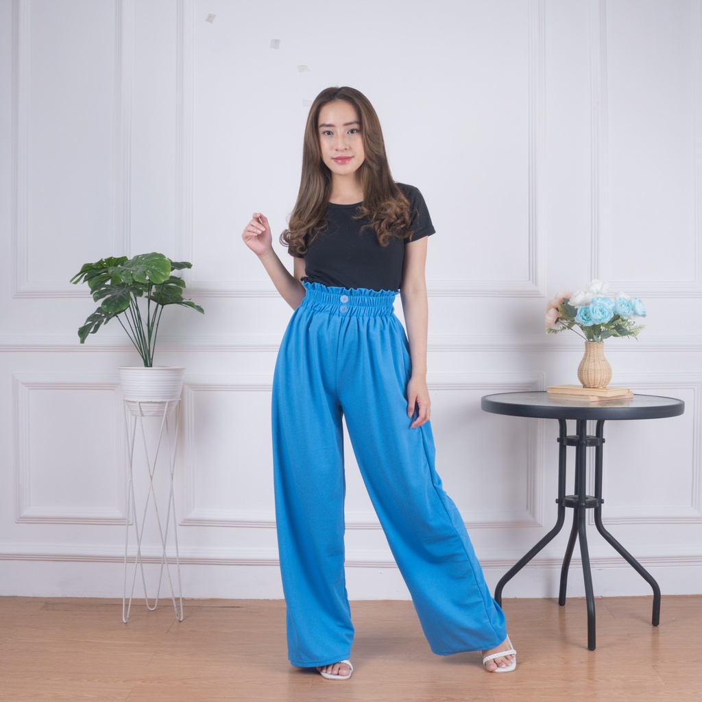 Button Pants Wanita / DOBBY PANTS 2 KANCING CELANA KULOT WANITA / Celana Panjang Wanita Korean Style Loose High Waist