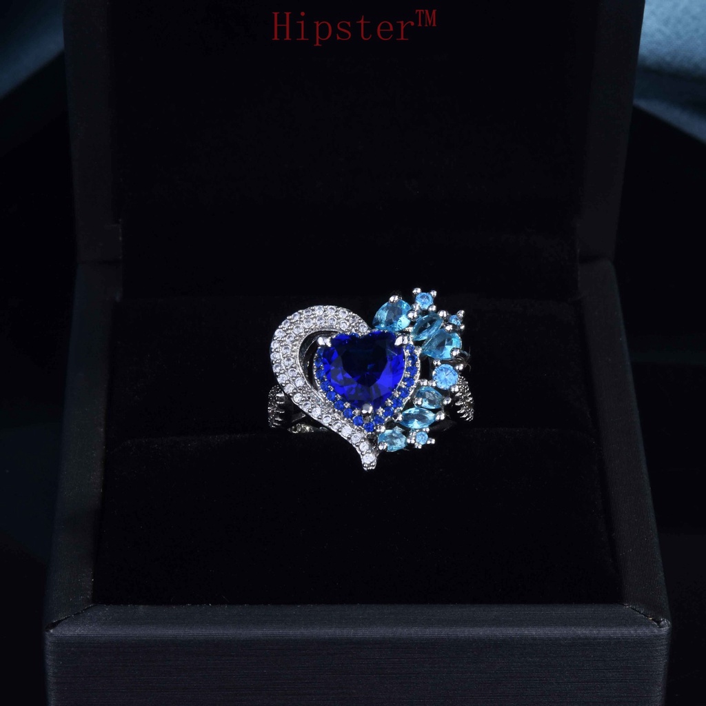 High-End Temperament Natural Dark Blue Gemstone Love Heart-Shaped Full Diamond Ring