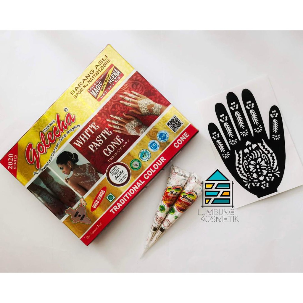 Paket Henna Putih + Cetakan Sticker Hena Golecha White Pengantin Ecer Original