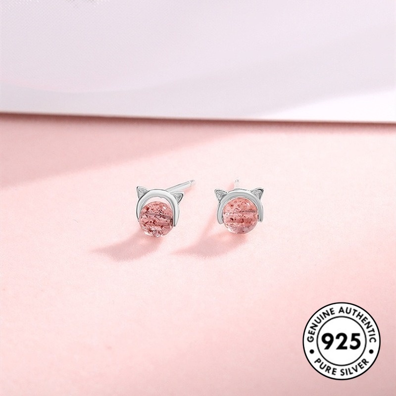 Anting Tusuk Sterling Silver 925 Desain Telinga Kucing Hias Kristal Pink / Merah Untuk Wanita