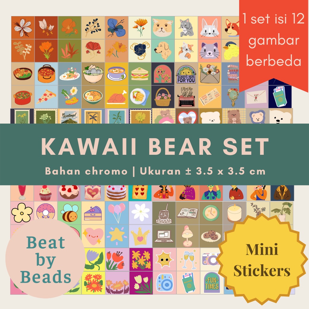 

Kawaii Bear Sticker Set | 12 Pcs/set | Stiker Kotak Kecil Aesthetic Tumblr Kawai Lucu Untuk Journalling Bujo Deco Freebies Gift Seal | BeatbyBeads