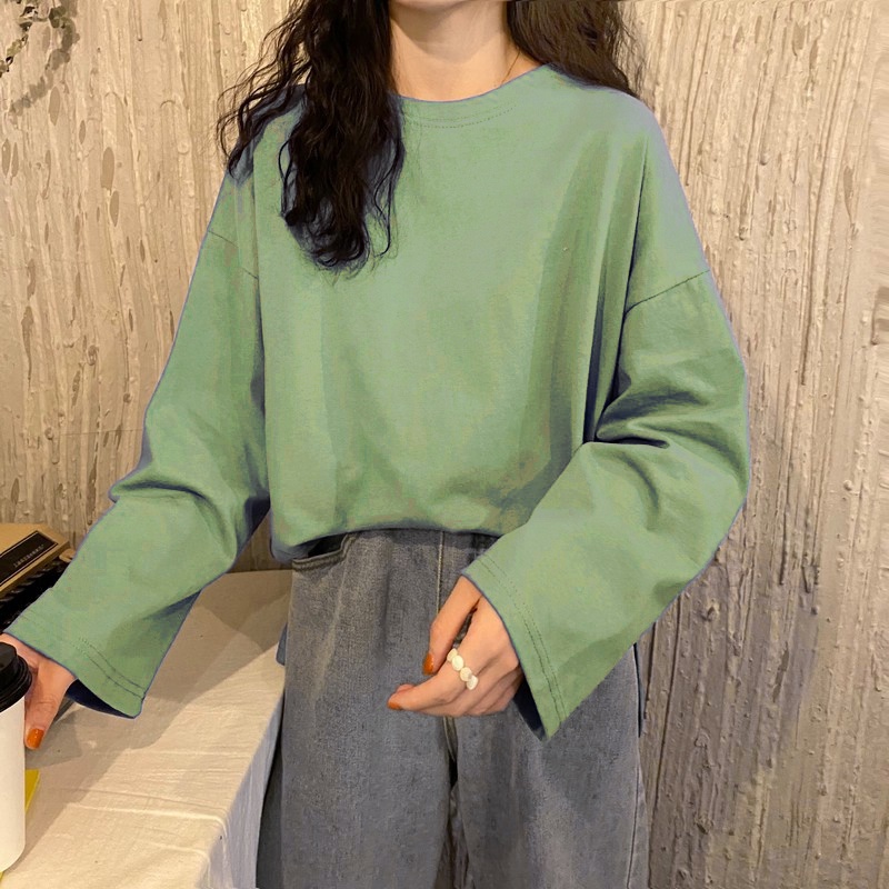 MOOGU ♡ Kaos lengan panjang longgar warna solid atasan wanita tshirt t-shirt top