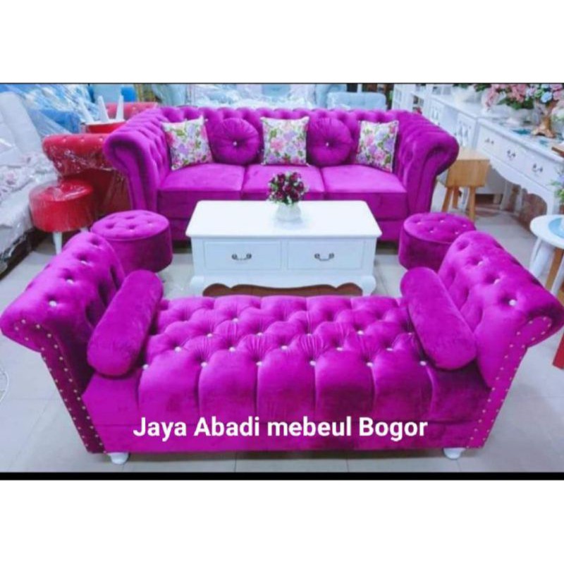 sofa 3 Set Fuk plus stool bulat 2 bludru halus