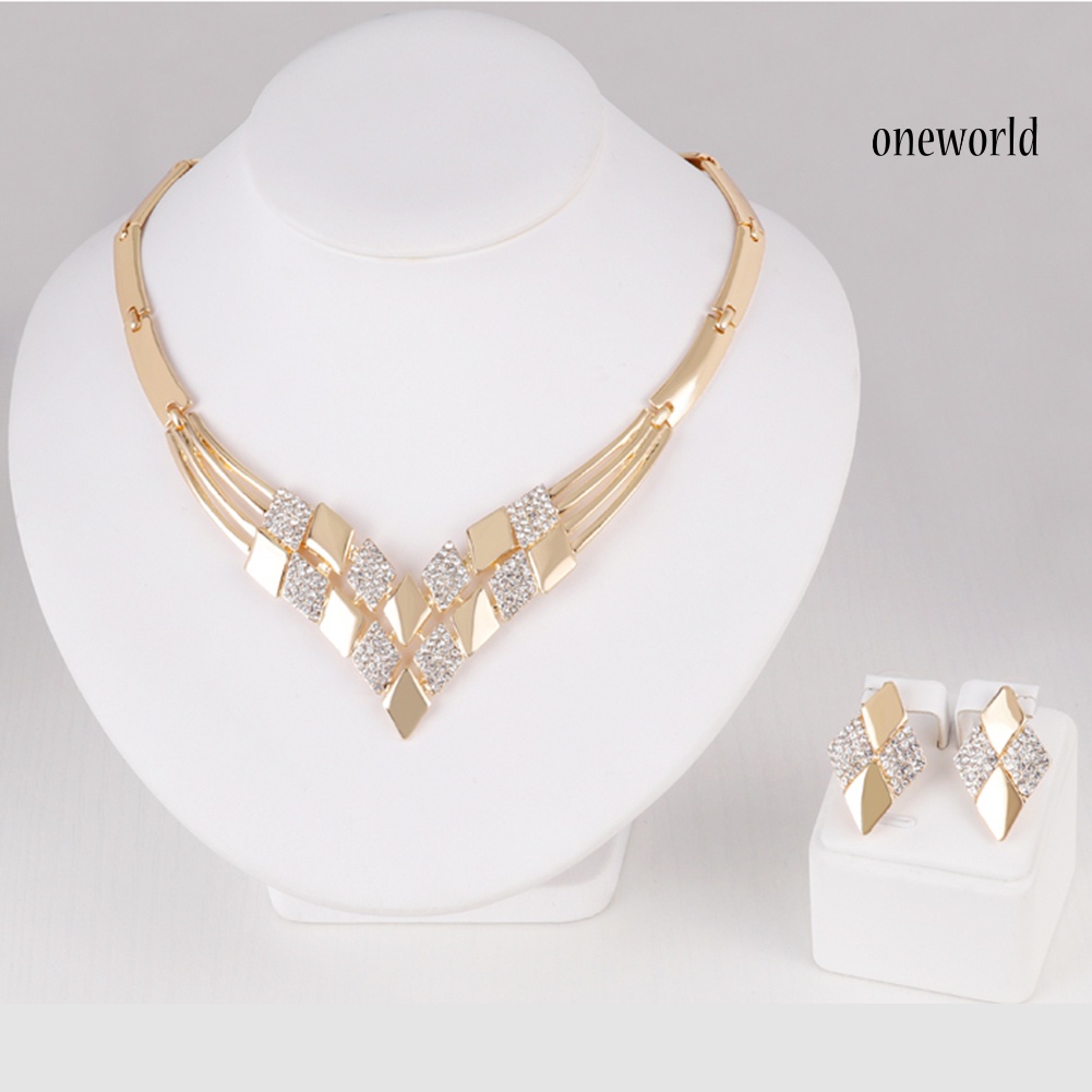 OW@ Women KC Gold Plated Rhombus Shape Necklace Earrings Rhinestones Jewelry Set