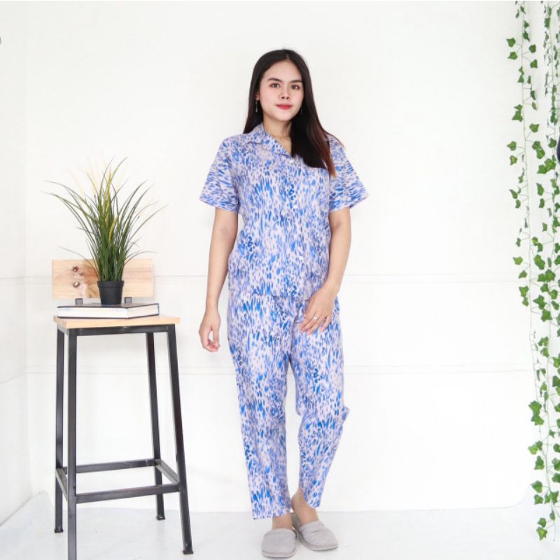 Piyama Wanita Baju Tidur Wanita Dewasa Baju Tidur Piyama Satin Apple-Tiedye Blue