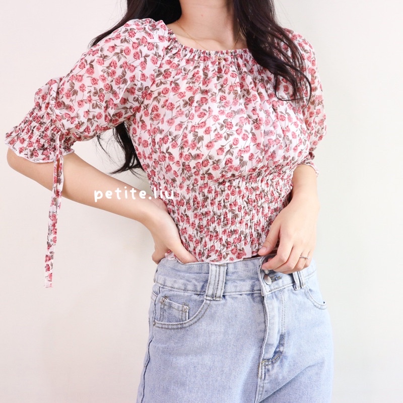 Eunseo Top Blouse Blus Sabrina Chiffon Sifon Floral Wanita Murah Import Korean Style Lengan Pendek
