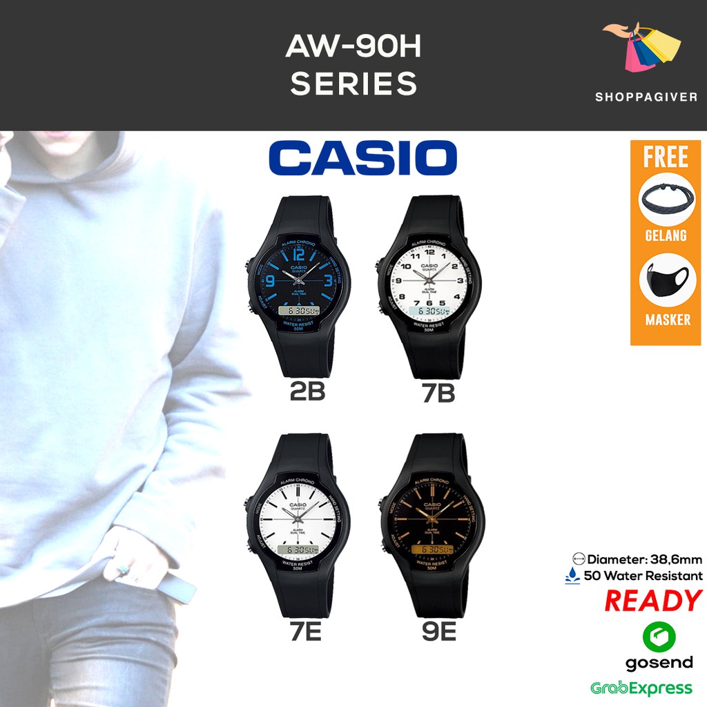 JAM TANGAN PRIA CASIO ORIGINAL AW-90H SERIES AW-90H-2B/7B/7E/9E ANALOG DIGITAL TALI KARET BERGARANSI