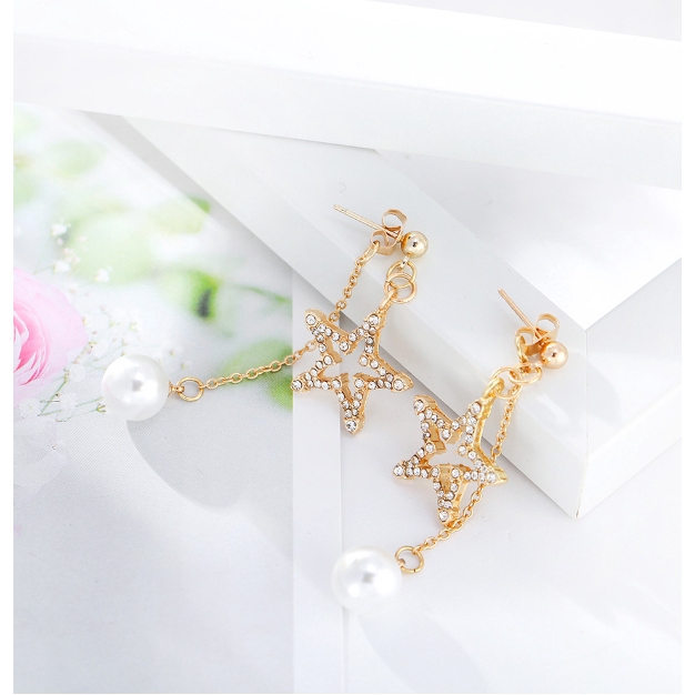 [Bayar Di Tempat] Korea style woman sweet Star Pearl gold earring dangle Tassel Anting studs jewelry-3