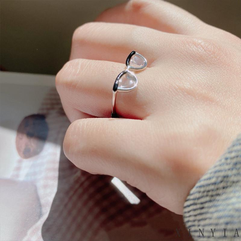 Xia.id Cincin Model Terbuka Desain Kacamata Enamel Adjustable Untuk Wanita