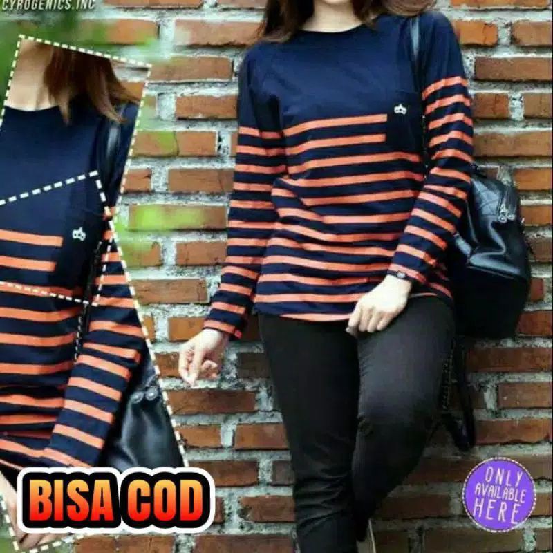kaos wanita lengan panjang salur orange
