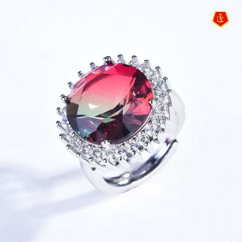 [Ready Stock]New Colored Gems Tourmaline Ring Pt950 Elegant and Personalized