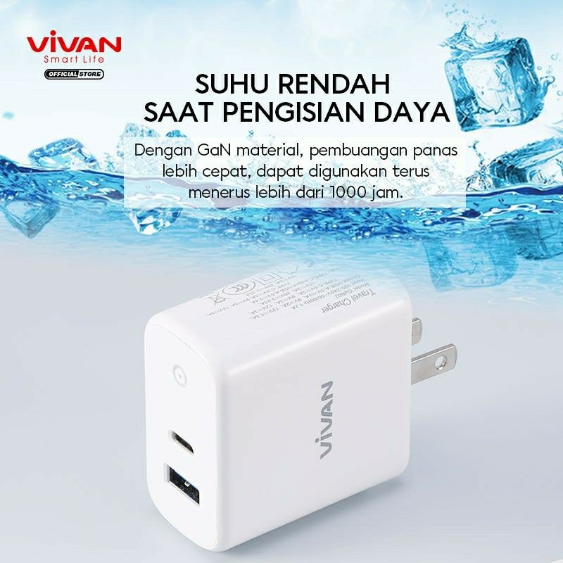 VIVAN GaN02S GAN 02S Charger Fast Charging 65W 5.4A GaN Technology QC4.0 USB &amp; Type-C Port US/EU 2 in1 Travel