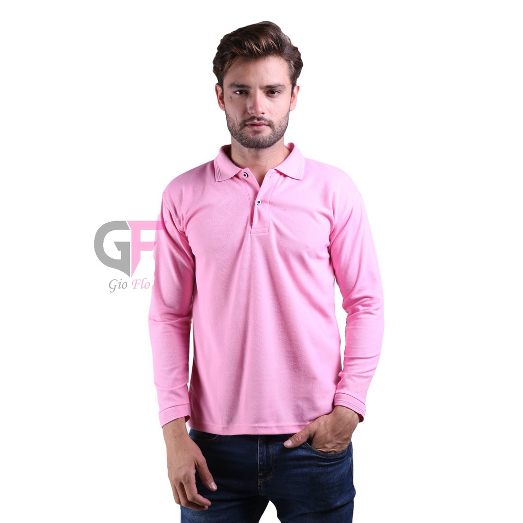 GIOFLO Kaos Santai Casual Kaos Kerah Panjang Cowok Pink / PLS 177