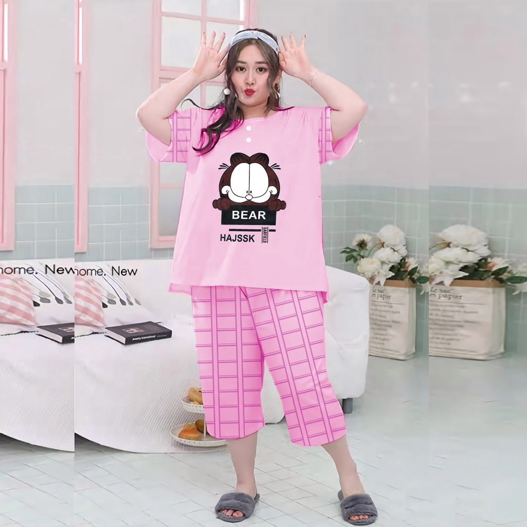 Sunchery Baju Tidur Wanita Garfield 3/4 Jumbo Celana Pendek XXXL Baby Doll Bahan Kaos